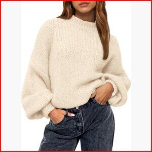 Oversized Lantern Sleeve Pullover Sweater, Crew Neck, Winter Knit Top